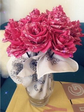 Pink Bandana Rose Bouquet Decorative Vase Accent